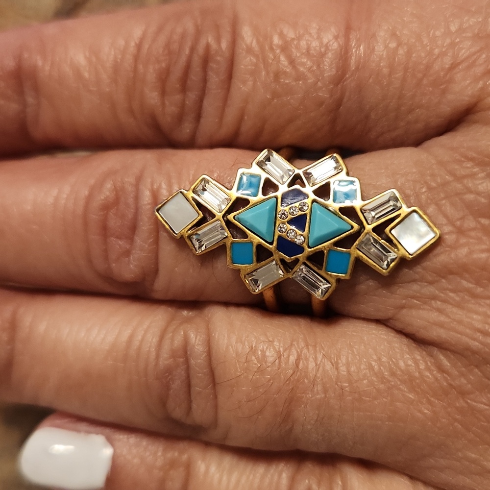 Stella & Dot Enamel Turquoise, Cobalt, & Crystal Tile Statement Ring, Retired - Picture 4 of 8